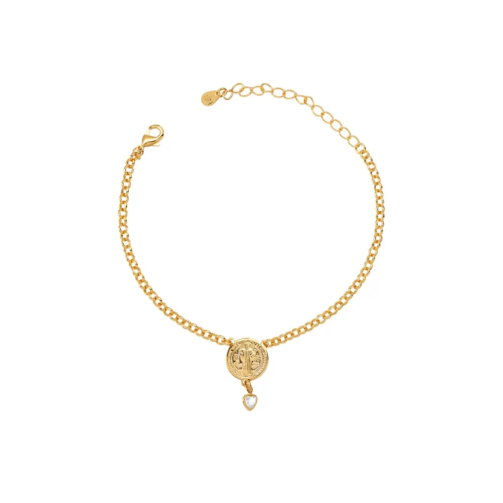 Pulseira Folheado a Ouro 18k Medalha São Bento e Coração
