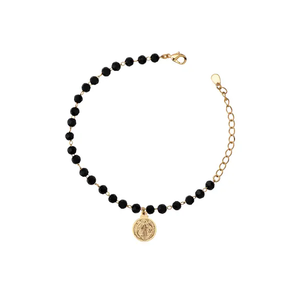 Pulseira Folheado a Ouro 18k Medalha São Bento Zircônias Pretas
