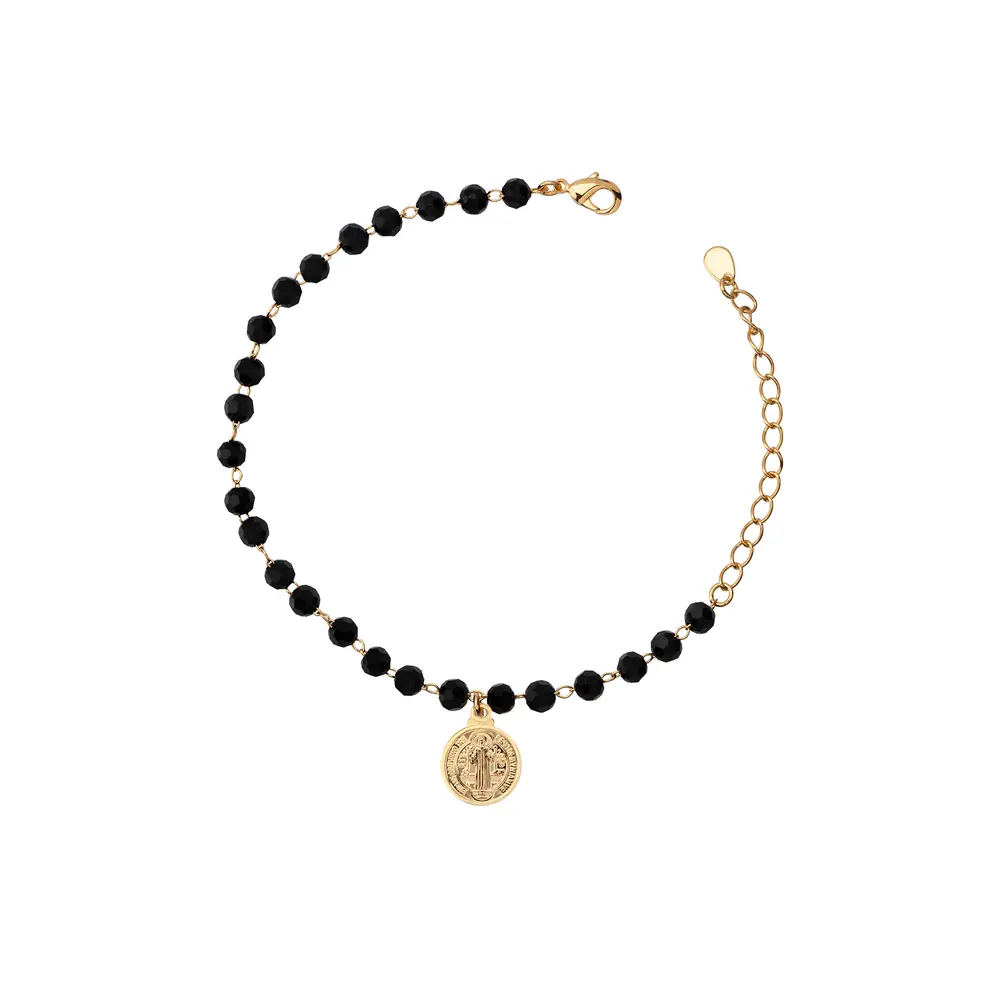 Pulseira Folheado a Ouro 18k Medalha São Bento Zircônias Pretas