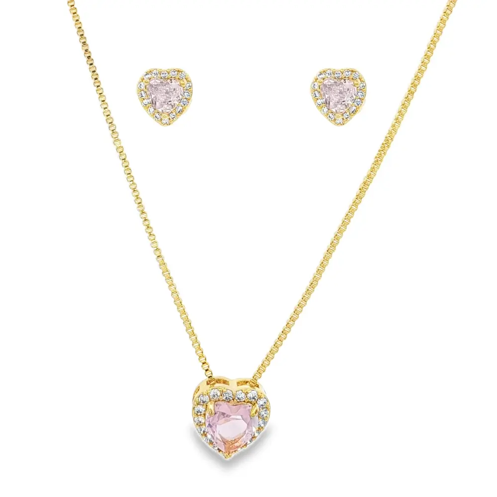Conjunto Folheado a Ouro 18k Coração Cravejado Rosa Claro