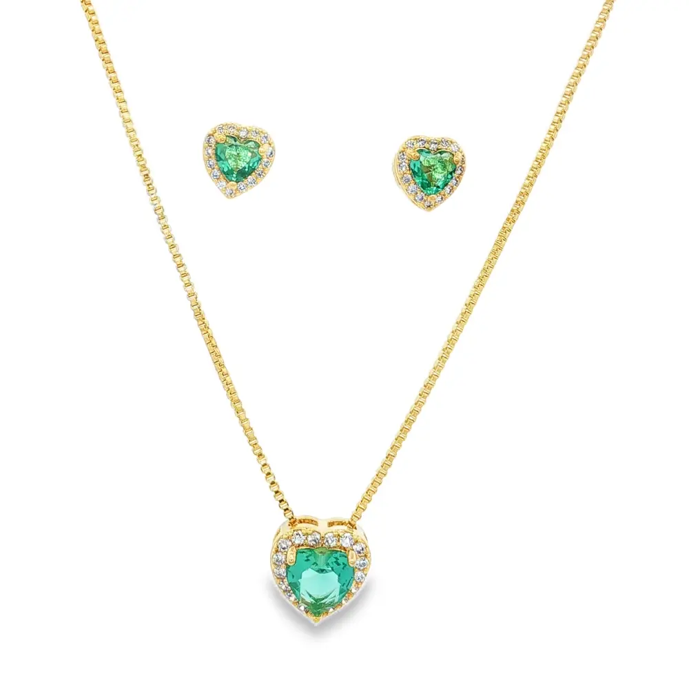 Conjunto Folheado a Ouro 18k Coração Cravejado Verde