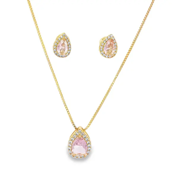 Conjunto Folheado a Ouro 18k Gota Cravejado Rosa Claro