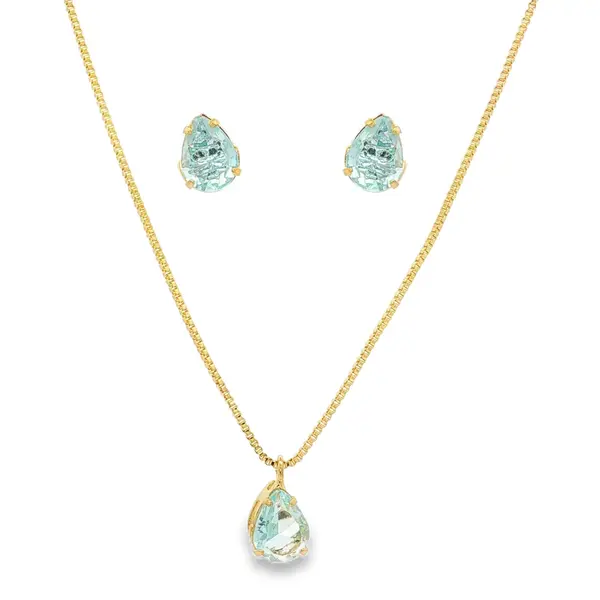 Conjunto Folheado a Ouro 18k Gota em Zircônia Azul