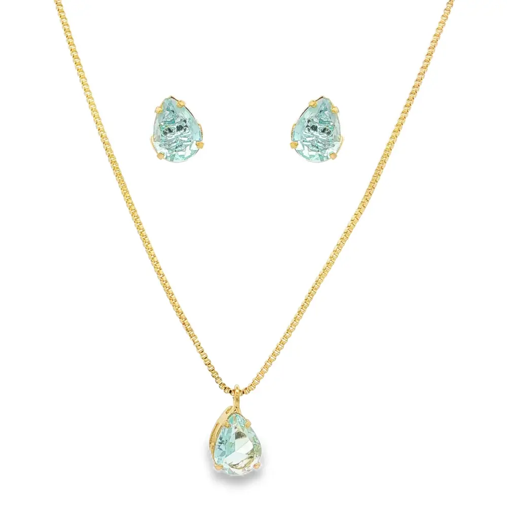 Conjunto Folheado a Ouro 18k Gota em Zircônia Azul