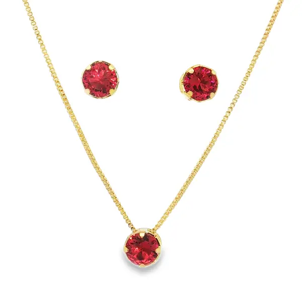 Conjunto Folheado a Ouro 18k Redondo em Zircônia Vermelha