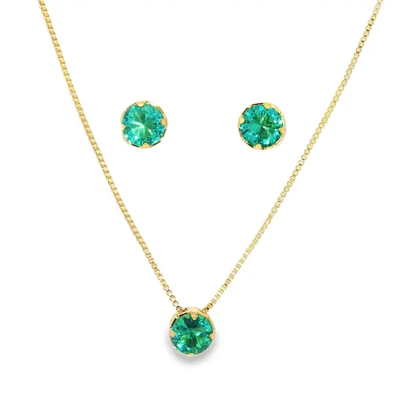 Conjunto Folheado a Ouro 18k Redondo em Zircônia Verde