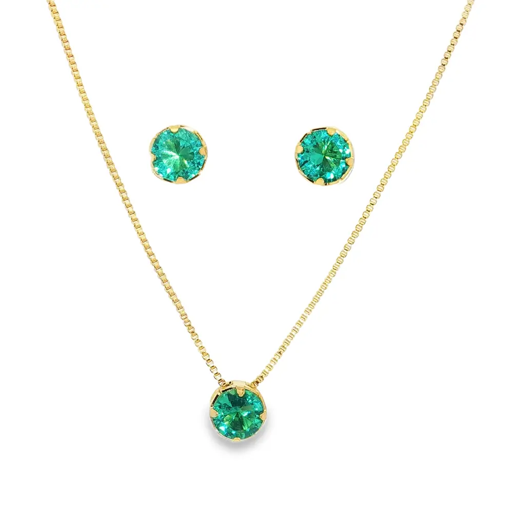 Conjunto Folheado a Ouro 18k Redondo em Zircônia Verde
