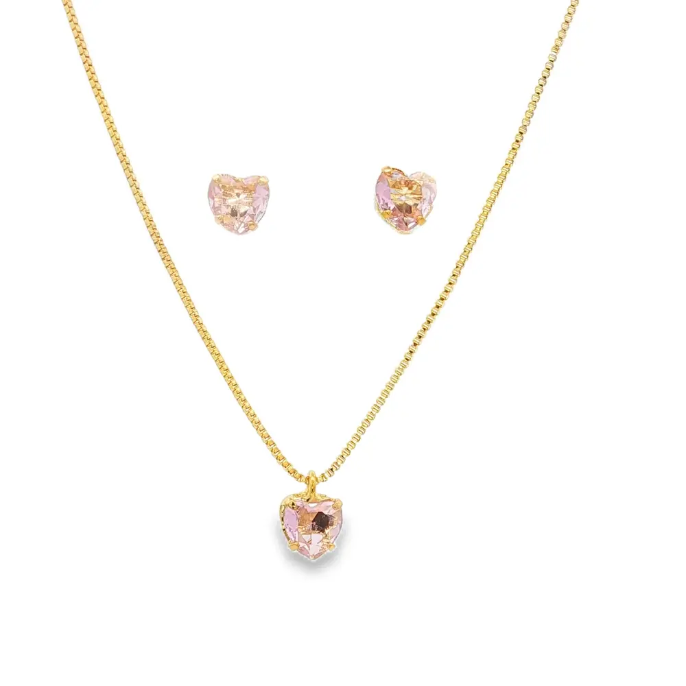 Conjunto Folheado a Ouro 18k Coração em Zircônia Rosa Claro