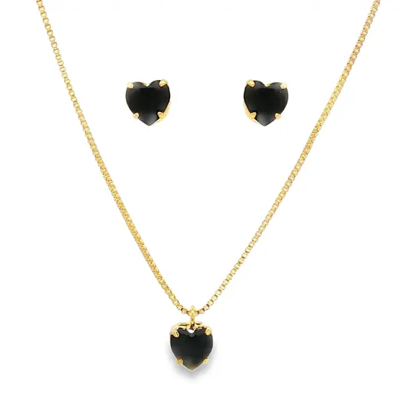 Conjunto Folheado a Ouro 18k Coração em Zircônia Preta