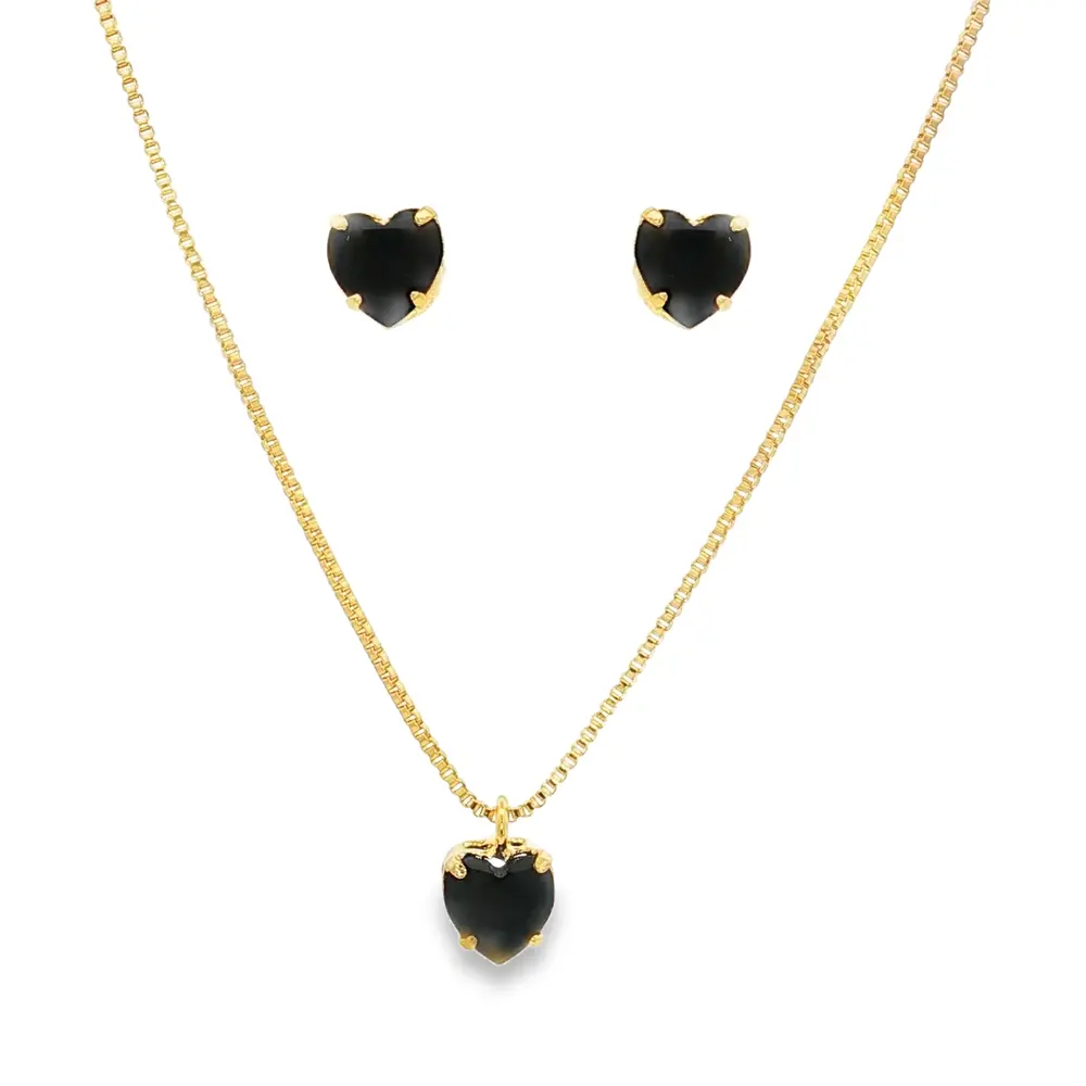 Conjunto Folheado a Ouro 18k Coração em Zircônia Preta