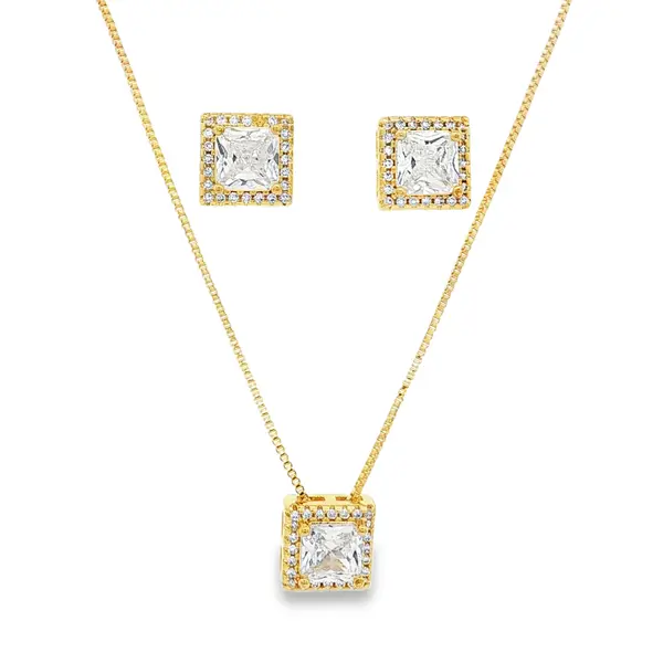 Conjunto Folheado a Ouro 18k Quadrado Cravejado