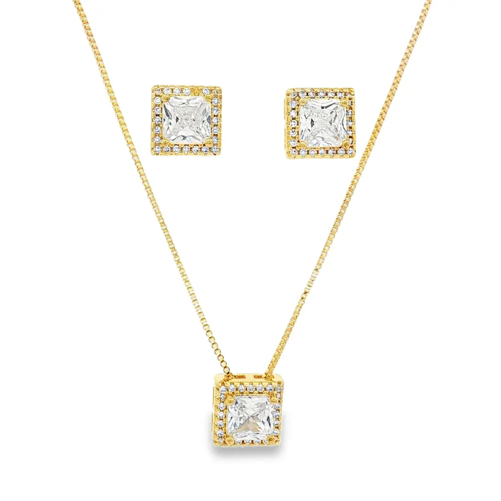 Conjunto Folheado a Ouro 18k Quadrado Cravejado