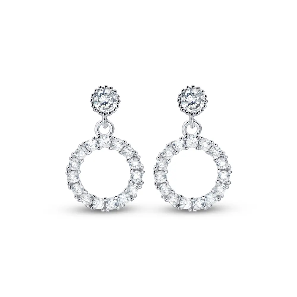 Brinco Prata Leve Círculo Pendente com Zircônias