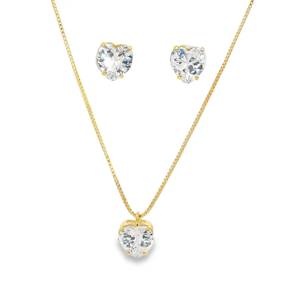 Conjunto Folheado a Ouro 18k Ponto Luz Coração Grande
