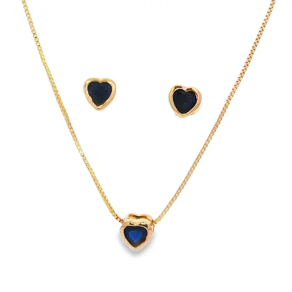 Conjunto Folheado a Ouro 18k Coração Azul Escuro