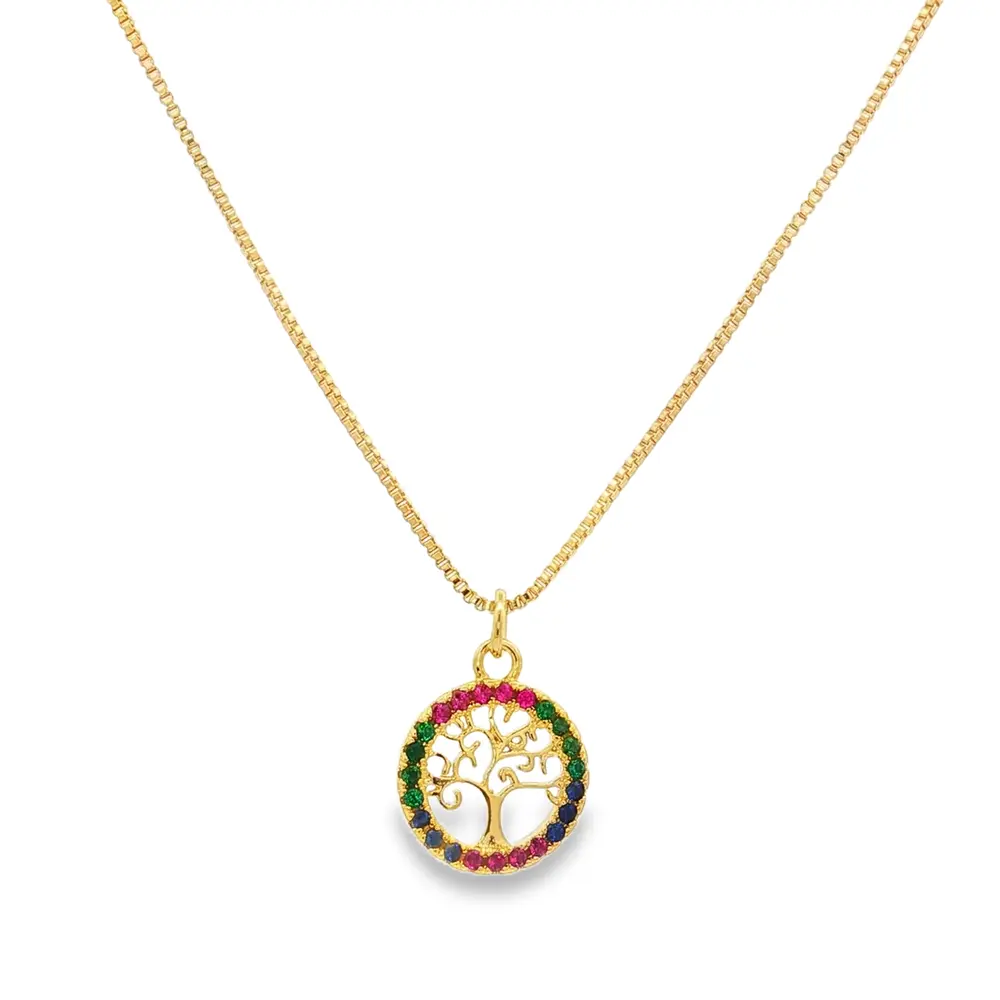 Gargantilha Folheado a Ouro 18k Árvore da Vida Zircônias Coloridas
