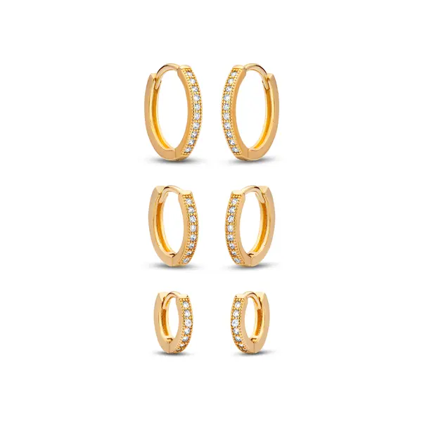 Brinco Folheado a Ouro 18k Trio Argola Click com Zircônias