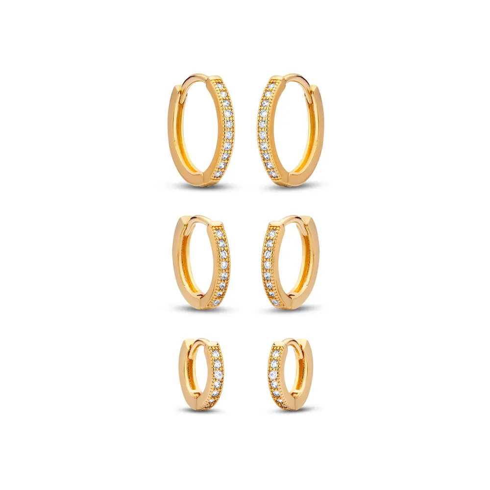 Brinco Folheado a Ouro 18k Trio Argola Click com Zircônias