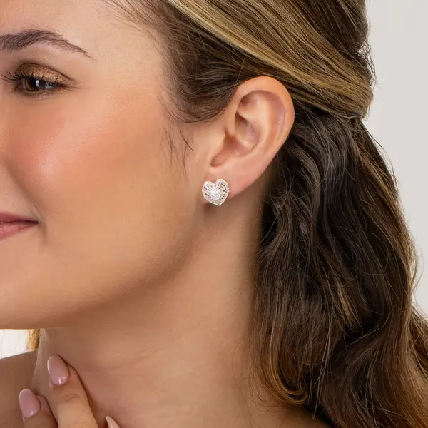 Brinco Prata Coração Malha Italiana com Zircônia