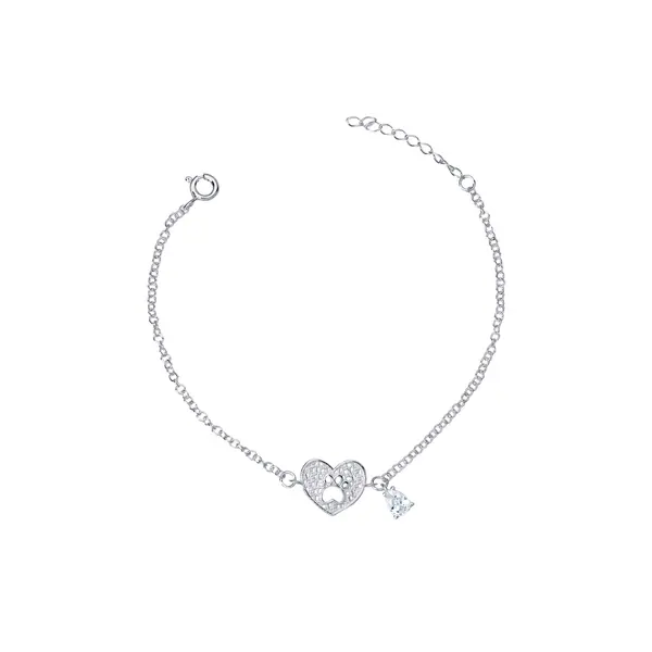 Pulseira Prata Coração com Patinha e Zircônia