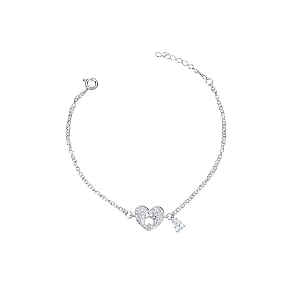 Pulseira Prata Coração com Patinha e Zircônia