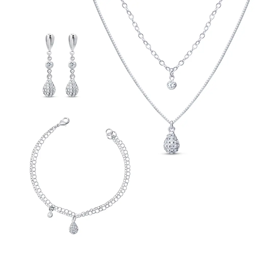 Conjunto Prata Leve Sentimentos Leveza Gota Cravejada