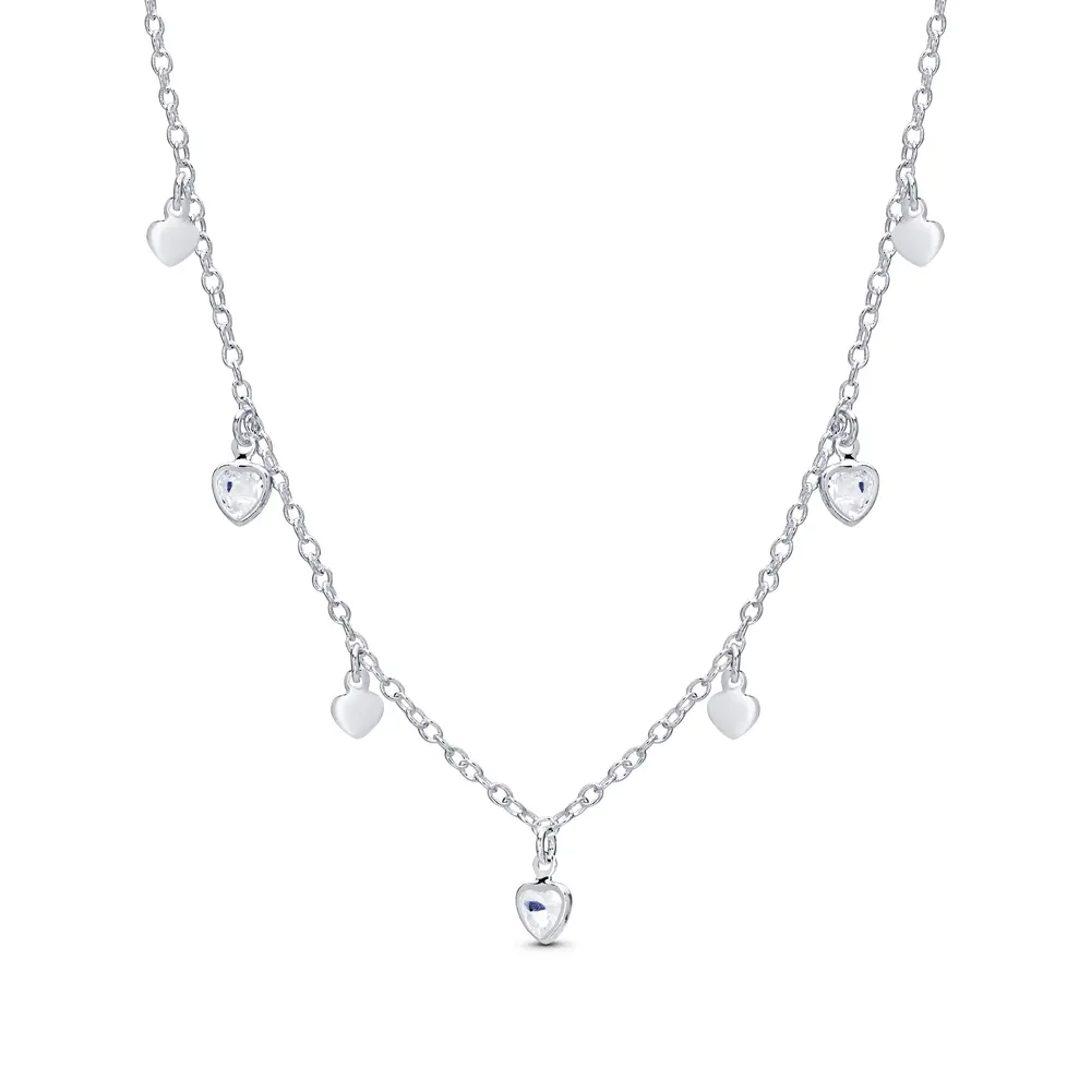 Gargantilha Prata Leve Corações Lisos e com Zircônias