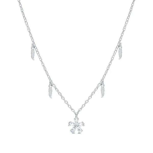 Gargantilha Prata Leve Flor e Folhas