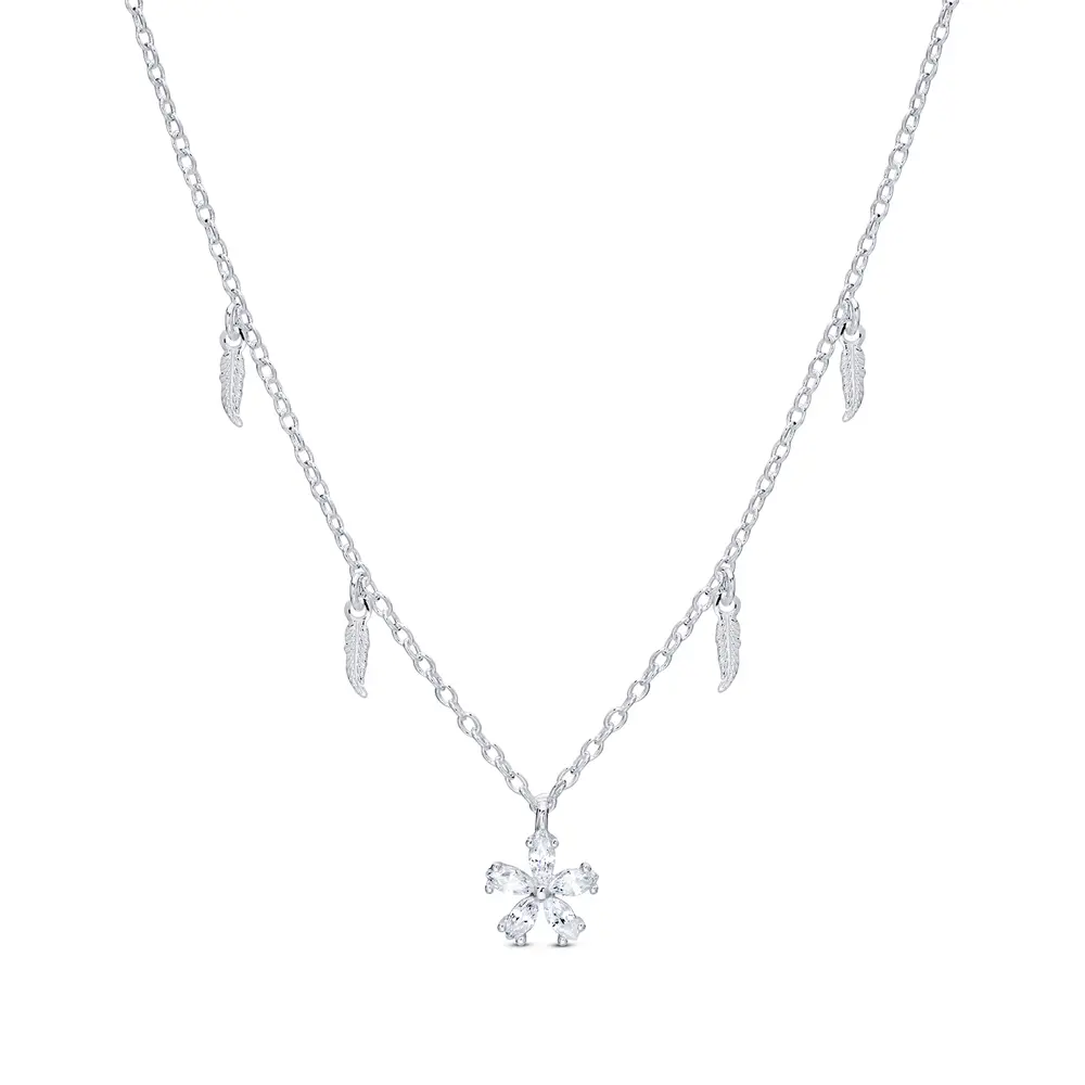 Gargantilha Prata Leve Flor e Folhas