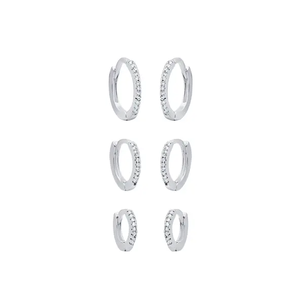 Brinco Prata Leve Trio Argolas Click com Zircônias