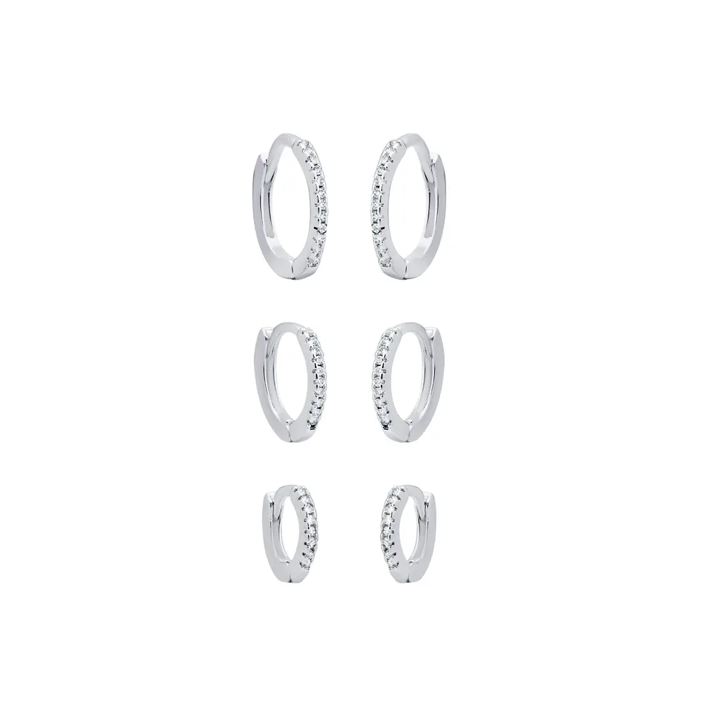 Brinco Prata Leve Trio Argolas Click com Zircônias