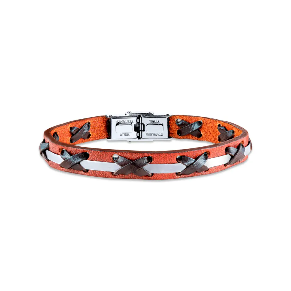 Pulseira Masculina Aço Couro Marrom 20cm