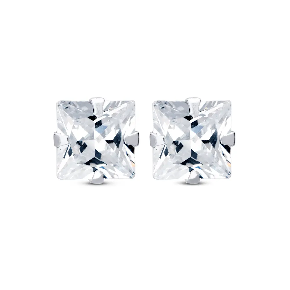 Brinco Prata Top Zircônia Quadrado 8mm Unissex