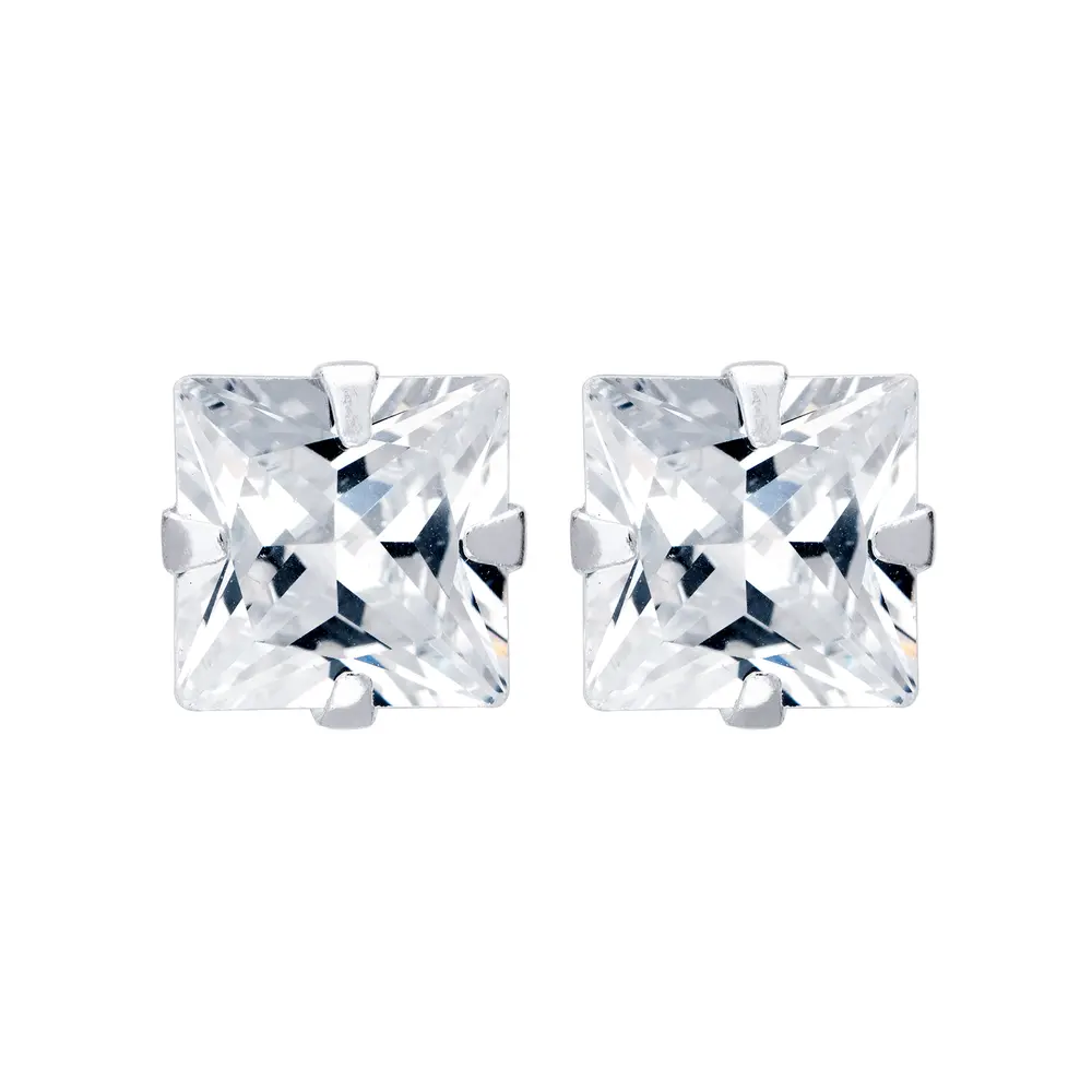 Brinco Prata Top Zircônia Quadrado 8mm Unissex
