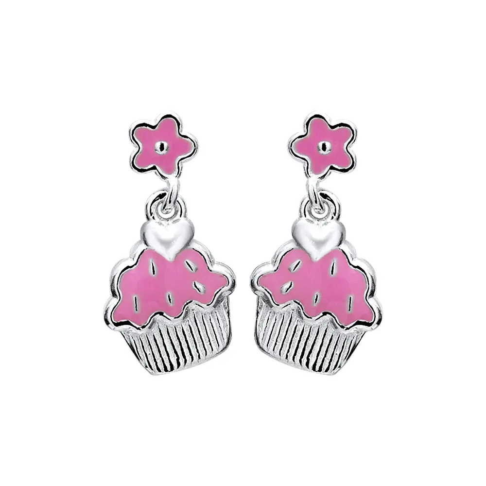 Brinco Infantil Prata Cupcake Pendurado Esmaltado