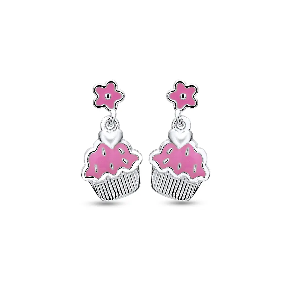Brinco Infantil Prata Cupcake Pendurado Esmaltado