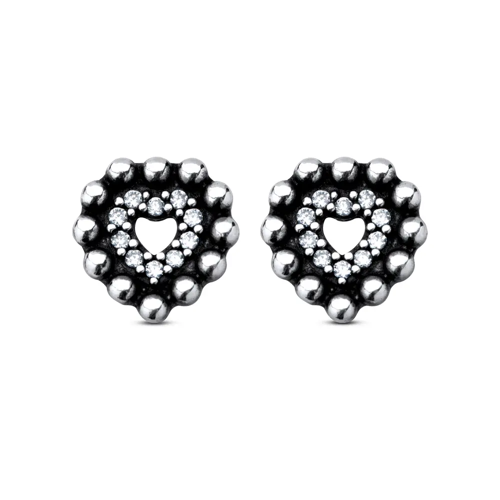Brinco Prata Envelhecida Coraçao Com Zirconia