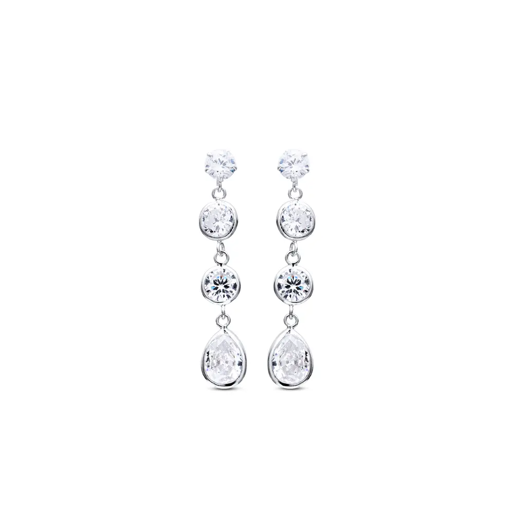 Brinco Prata Quatro Zircônias Longo Gota