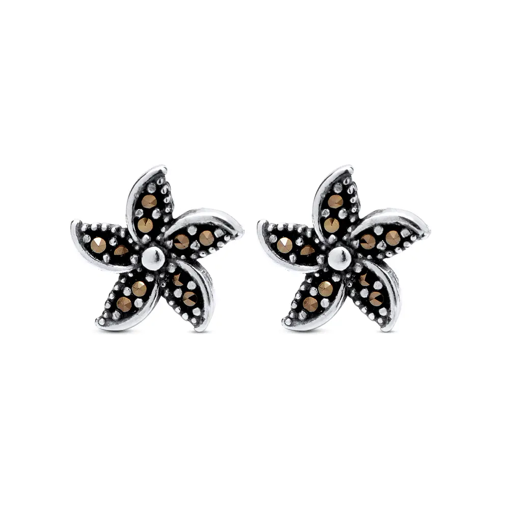 Brinco Prata Flor Envelhecido Marcassita