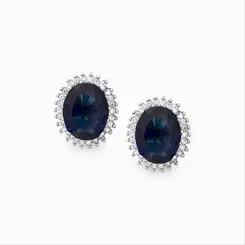 Brinco Prata Rodinada Oval Zircônia Azul Escuro