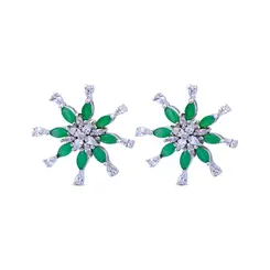 Brinco Banho De Ródio Flor Zircônia Branca E Verde