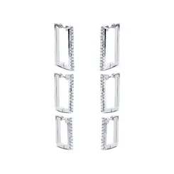 Brinco Prata Leve Trio Retangulo Pedras