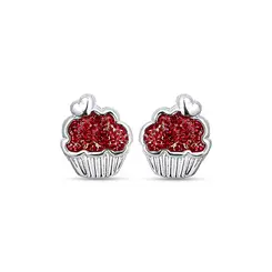 Brinco Prata Infantil Cupcake Glitter Esmaltado Rosa Escuro