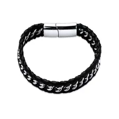 Pulseira Aço Com Couro Trançado Masculina Fecho Imã 21cm