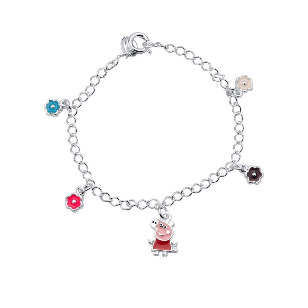 Pulseira Infantil da Peppa Pig com Glitter Esmaltado em Prata - PULSEIRA  PRATA LEVE PEPPA PIG - Prata e Arte