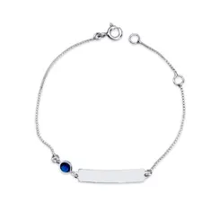 Pulseira Prata Infantil Placa Com 1 Pedra De Zircônia Azul Escuro