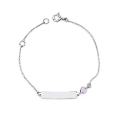 Pulseira Prata Infantil Placa Com 1 Pedra De Zircônia Rosa Claro