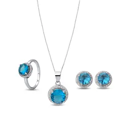 Conjunto Prata Rodio Zircônia Azul Redondo