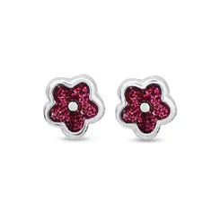 Brinco Prata Infantil Flor Glitter Esmaltado Rosa Escuro