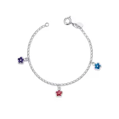 Pulseira Prata Infantil Flores Glitter Esmaltado